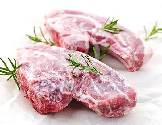 Two raw fresh lamb chops with rosemary herb