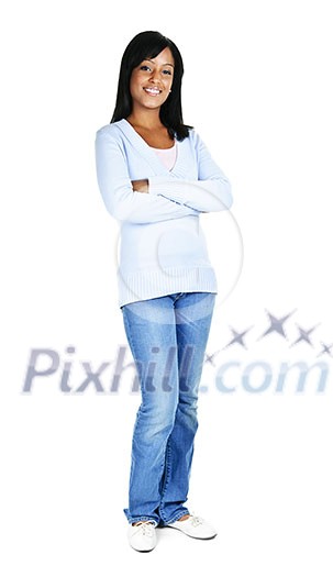 Confident black woman with arms crossed standing isolated on white background