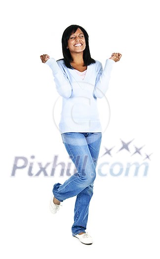Excited black woman with eyes closed isolated on white background Excited black woman with eyes closed isolated on white background