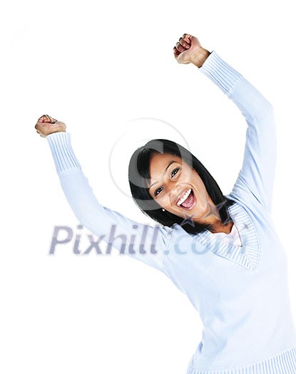 Happy black woman with raised arms isolated on white background