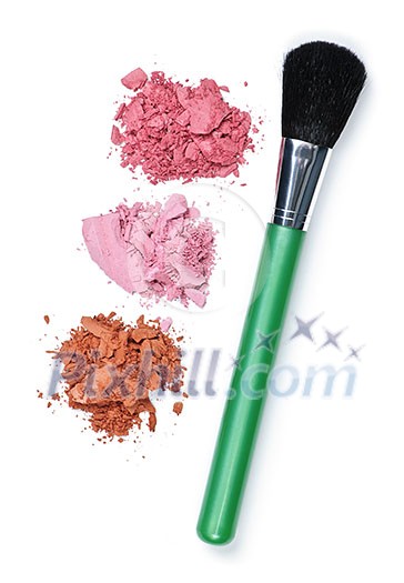 Blush cosmetics powder and makeup brush on white background Blush cosmetics powder and makeup brush on white background
