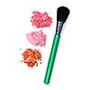 Blush cosmetics powder and makeup brush on white background