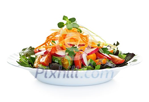 Plate of healthy green garden salad with fresh vegetables on white background Plate of healthy green garden salad with fresh vegetables on white background