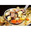 Hearty beef and potatoes stew with vegetables served with ladle