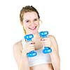 Happy fit young woman working out with weights for fitness exercise