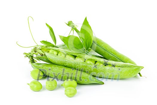 Pea pods with green peas isolated on white background