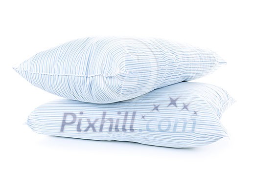 Two soft pillows with blue striped covers isolated on white background Two soft pillows with blue striped covers isolated on white background