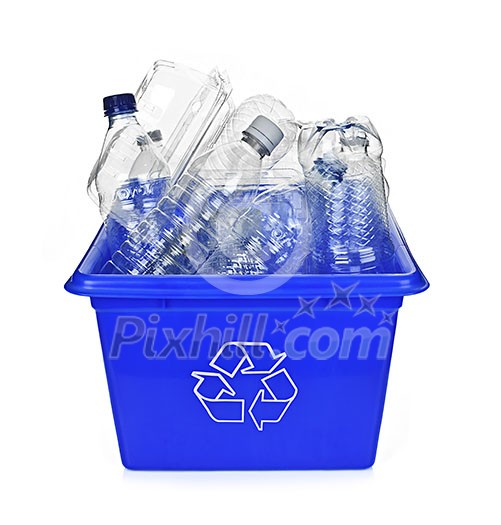 Recycling box filled with clear plastic containers isolated on white