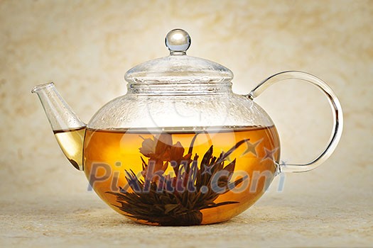 Flowering blooming green tea in glass teapot Flowering blooming green tea in glass teapot