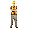 Serious male construction worker in safety vest and hard hat