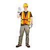 Smiling male construction worker showing okay sign standing isolated on white background