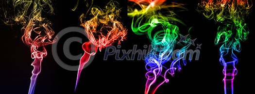 Collage of abstract colorful smoke on black background, smoke background, colorful ink background, beautiful smoke, movement of smoke