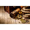 Vintage grunge still life. Antique items on wooden table. Travel geography concept.