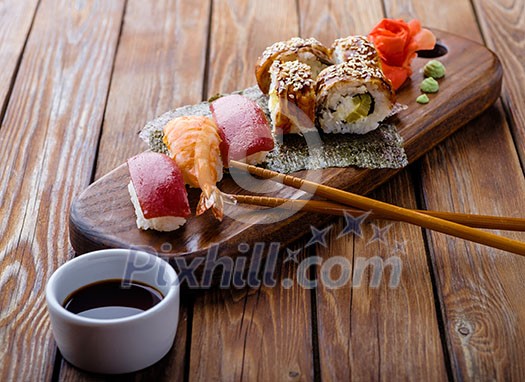 Sushi set on a wooden tray