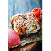 Sushi set on a wooden tray