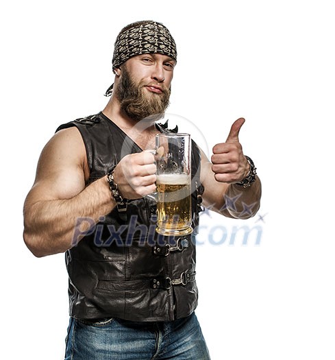 Beard man drinking beer from a beer mug. Showing OK sign, thumbs up. Isolated on white background.