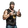 Beard man drinking beer from a beer mug. Showing OK sign, thumbs up. Isolated on white background.