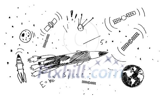 Sketch of rocket on white sheet of paper