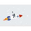 Young businessman flying in sky on drawn rocket