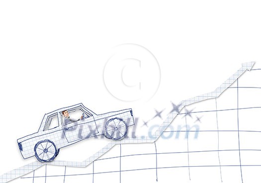 Young man driving car made of sheet of paper Young man driving car made of sheet of paper