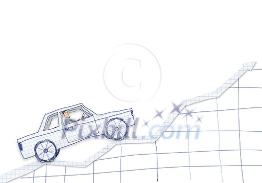 Young man driving car made of sheet of paper