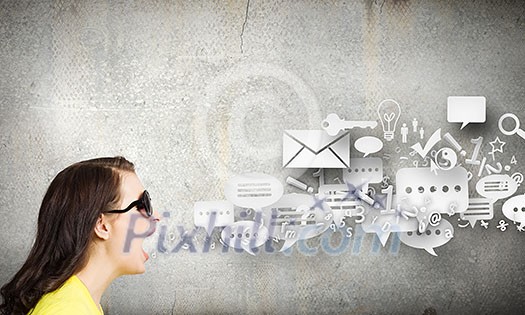 Young woman in casual with blank speech bubble above