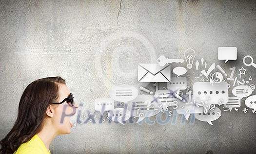 Young woman in casual with blank speech bubble above Young woman in casual with blank speech bubble above
