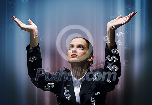 Young businesswoman in tears praying at dollar symbol Young businesswoman in tears praying at dollar symbol