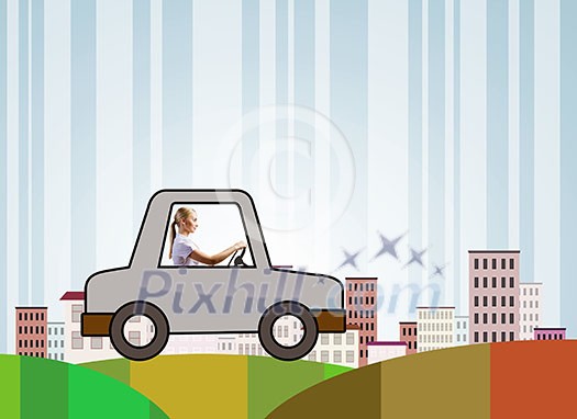 Young girl driving drawn little funny car Young girl driving drawn little funny car