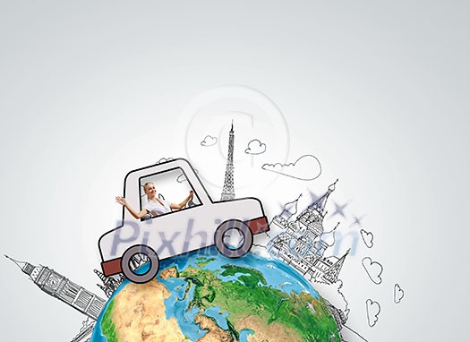 Young girl driving drawn little funny car. Elements of this image are furnished by NASA Young girl driving drawn little funny car. Elements of this image are furnished by NASA