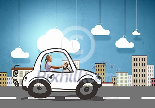 Young girl driving drawn little funny car Young girl driving drawn little funny car