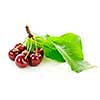Bunch of fresh cherries with leaves on white background