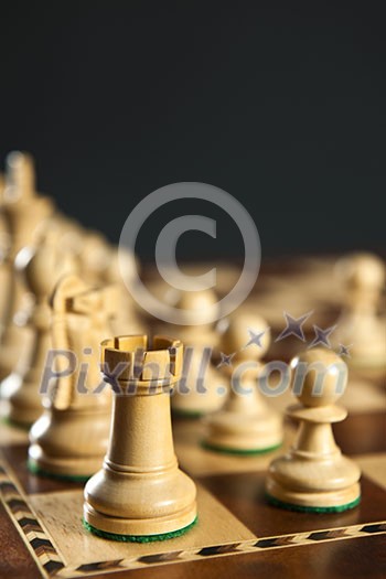 Close up of white chess pieces on wooden chessboard