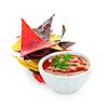 Bowl of salsa with colorful tortilla chips isolated on white background