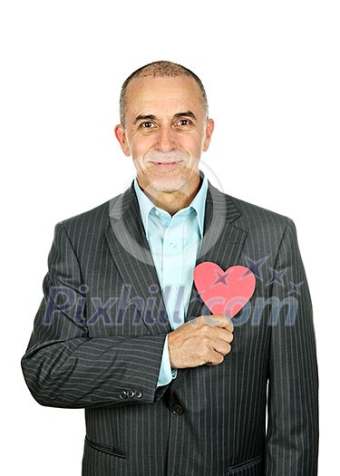 Smiling man holding paper heart isolated on white background