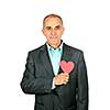 Smiling man holding paper heart isolated on white background