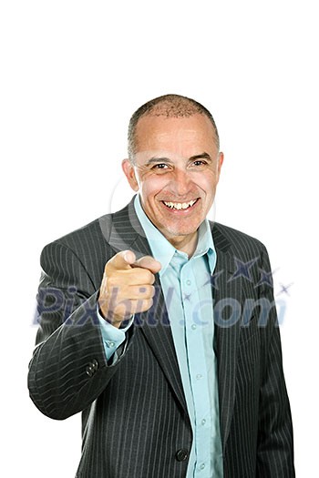 Portrait of smiling pointing businessman isolated on white background