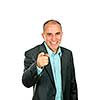 Portrait of smiling pointing businessman isolated on white background