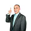 Portrait of smiling pointing businessman isolated on white background