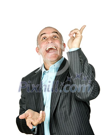 Portrait of laughing businessman pointing up isolated on white background Portrait of laughing businessman pointing up isolated on white background