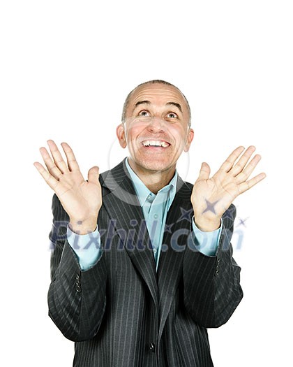 Portrait of happy man looking up in amazement isolated on white background Portrait of happy man looking up in amazement isolated on white background