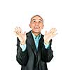 Portrait of happy man looking up in amazement isolated on white background