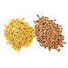 Heaps of brown and golden flax seed or linseed isolated on white background