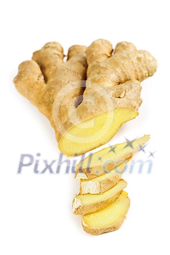 Sliced ginger root spice isolated on white background Sliced ginger root spice isolated on white background