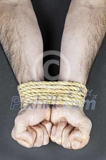 Male hands tied up with strong rope Male hands tied up with strong rope