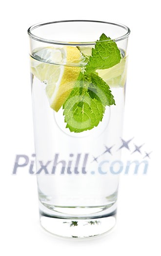 Full glass of water with lemon and mint isolated on white background Full glass of water with lemon and mint isolated on white background