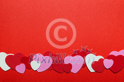 Border of romantic red pink and white hearts for Valentines day