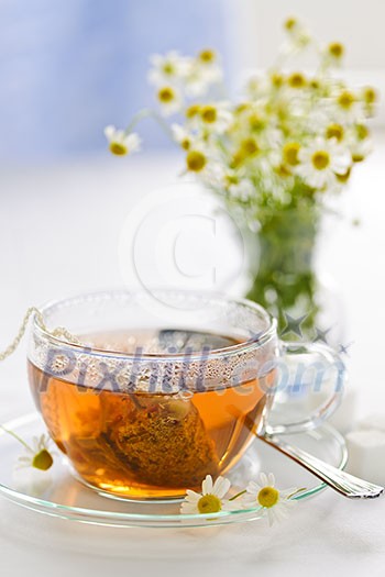 Glass teacup with soothing herbal tea in silk bag Glass teacup with soothing herbal tea in silk bag