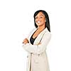 Smiling black businesswoman with arms crossed isolated on white background