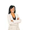 Smiling black businesswoman with arms crossed isolated on white background